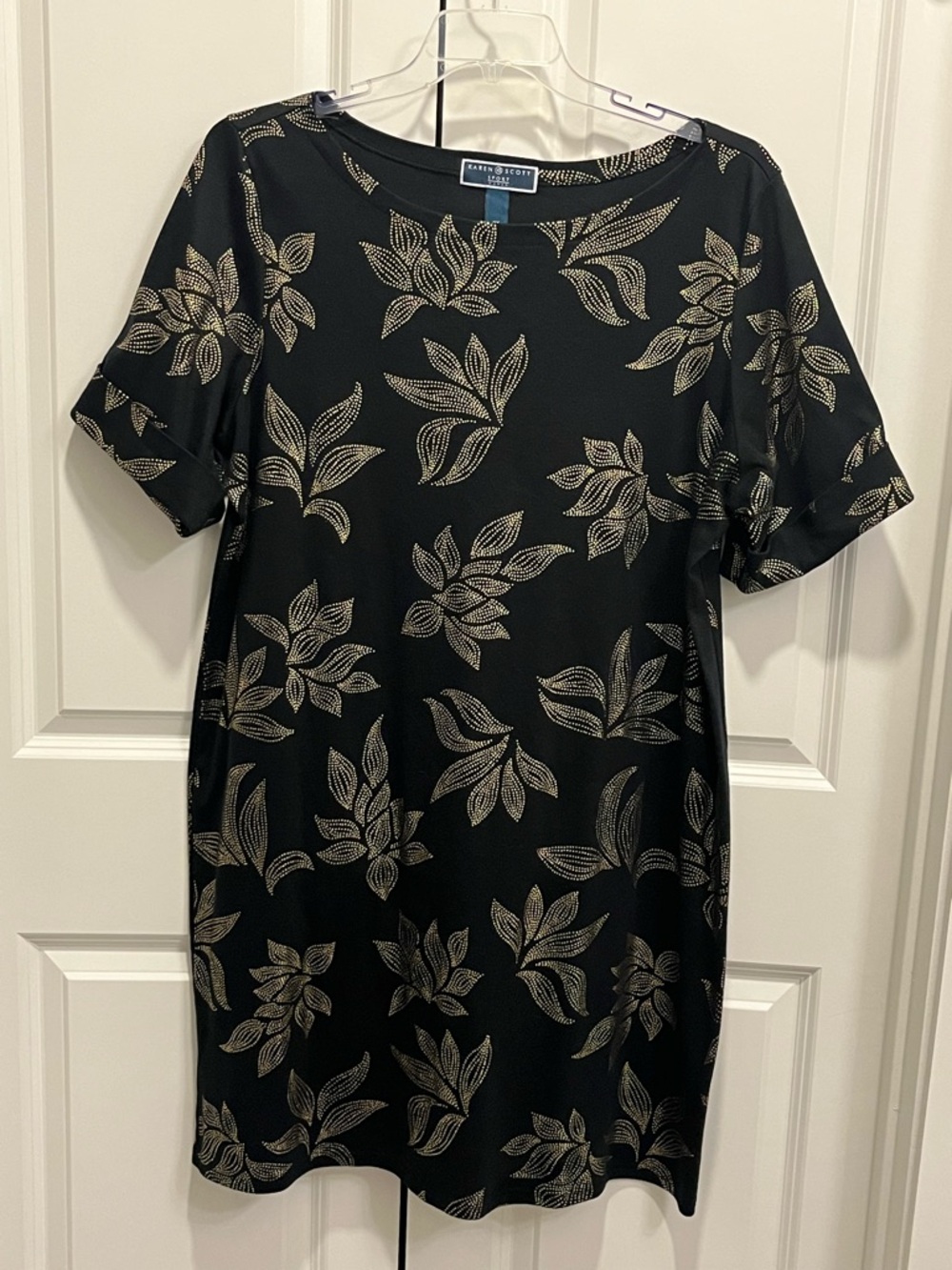 Black Gold Leaf T-Shirt Dress Size 2X Cotton Blend Stretch Vacation Cruise Chic